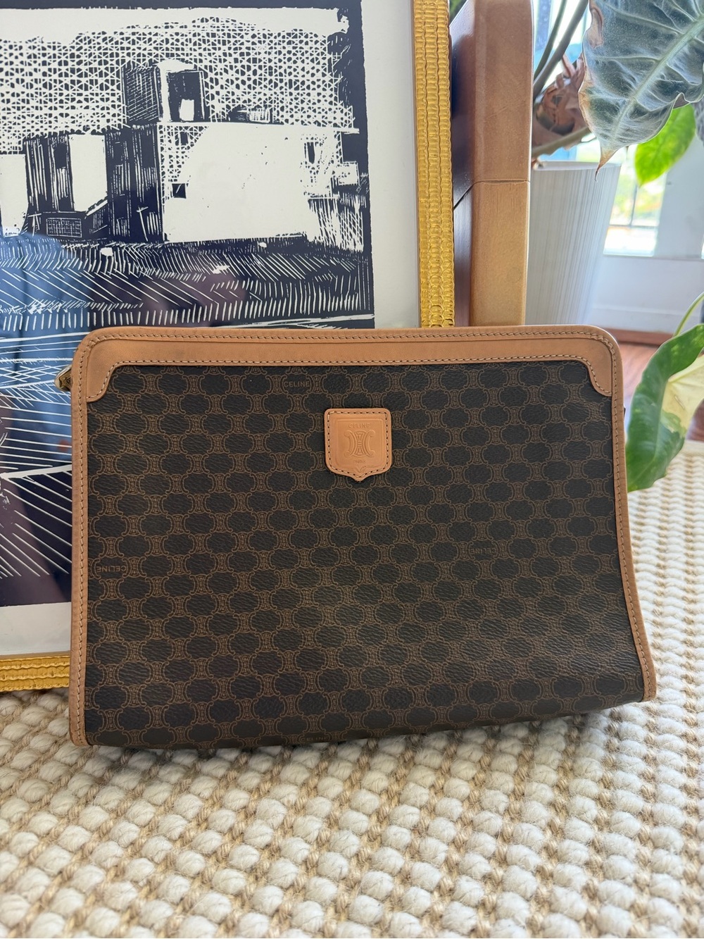 Celine Brown Monogram Canvas Pouch with Tan Leather Trim